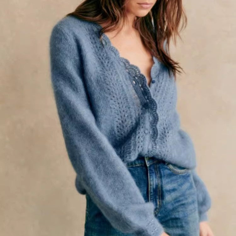 Women's Relaxed Feeling Special Interest Design Haze Mohair V neck Crocheted Pu
