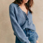 Women's Relaxed Feeling Special Interest Design Haze Mohair V neck Crocheted Pu
