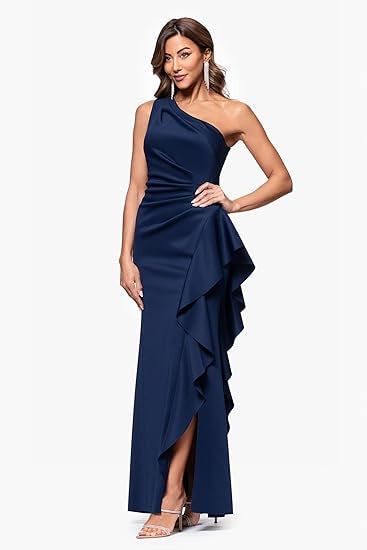 Women's One-Shoulder Ruffle Ruched Split Bodycon Maxi Dress
