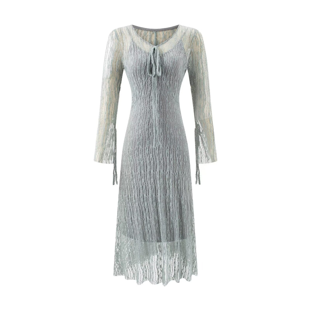 Women's Lace Tie Long Sleeve Bodycon Maxi Dress