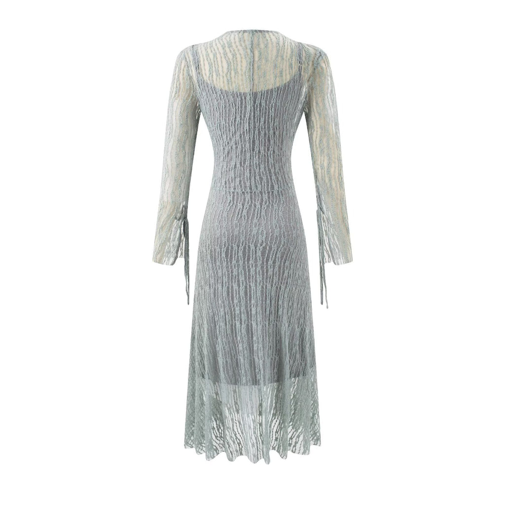 Women's Lace Tie Long Sleeve Bodycon Maxi Dress