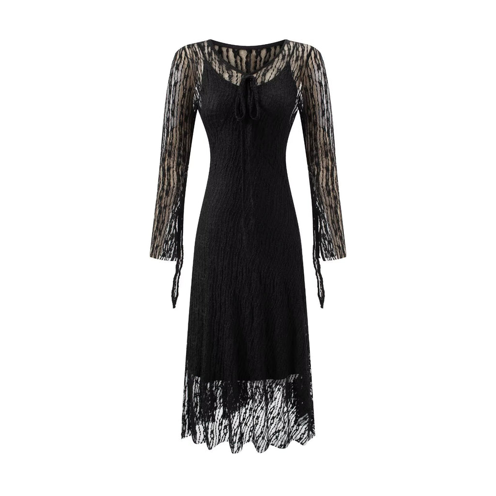 Women's Lace Tie Long Sleeve Bodycon Maxi Dress