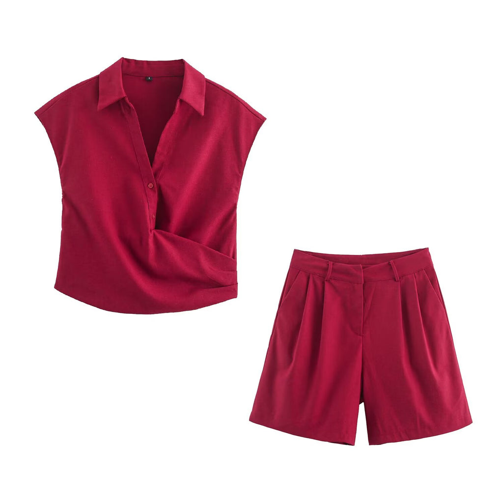 Elegant Linen Blended Double Breasted Top Shorts Sets
