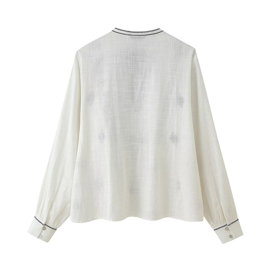 Women’s Retro Embroidered Smocked Button Shirt