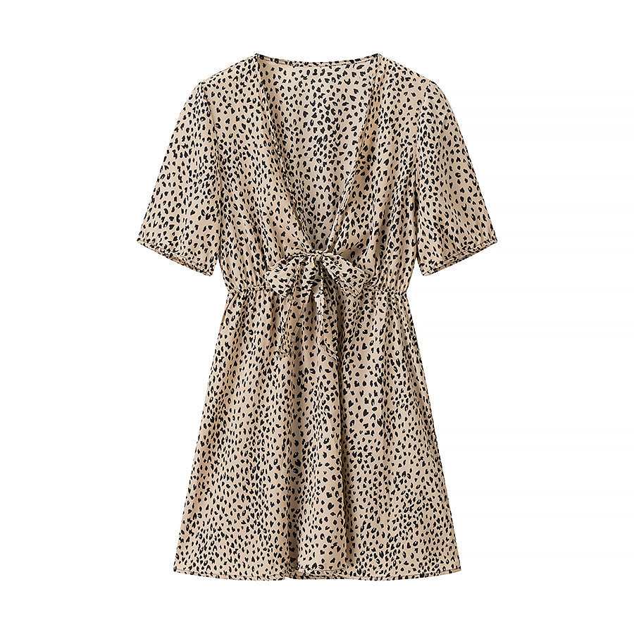 Young Elegant Leopard Print Front Knotted Short-Sleeve Dress