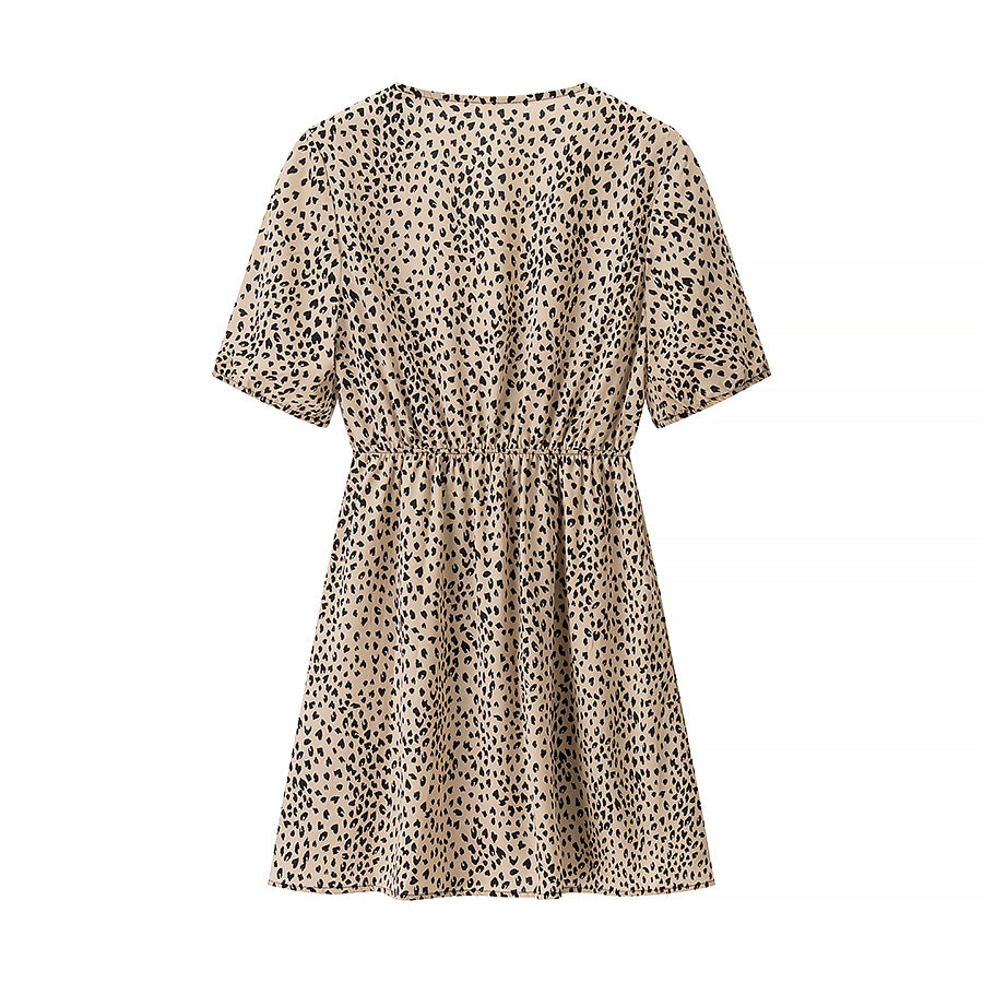 Young Elegant Leopard Print Front Knotted Short-Sleeve Dress