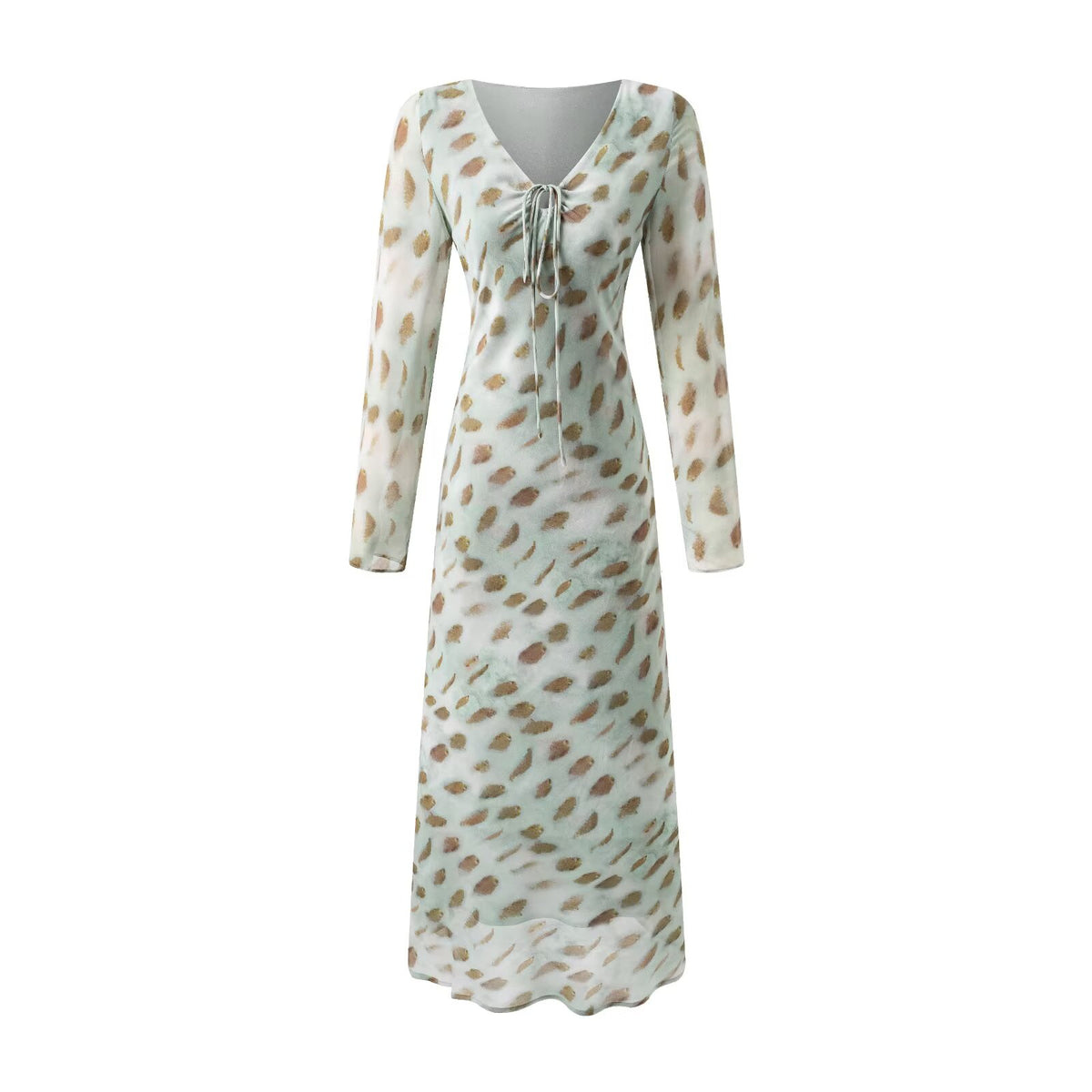 Vneck Bow Lace Printing Long Sleeve Dress Waist Maxi