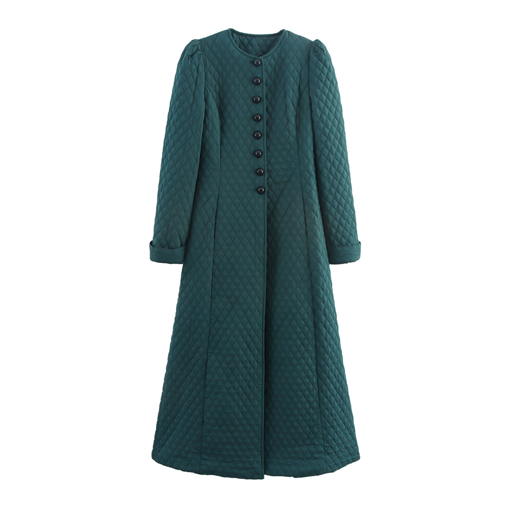 Autumn Winter Long Full Needle Small Diamond Plaid Quilted Waist Cotton Padded Coat