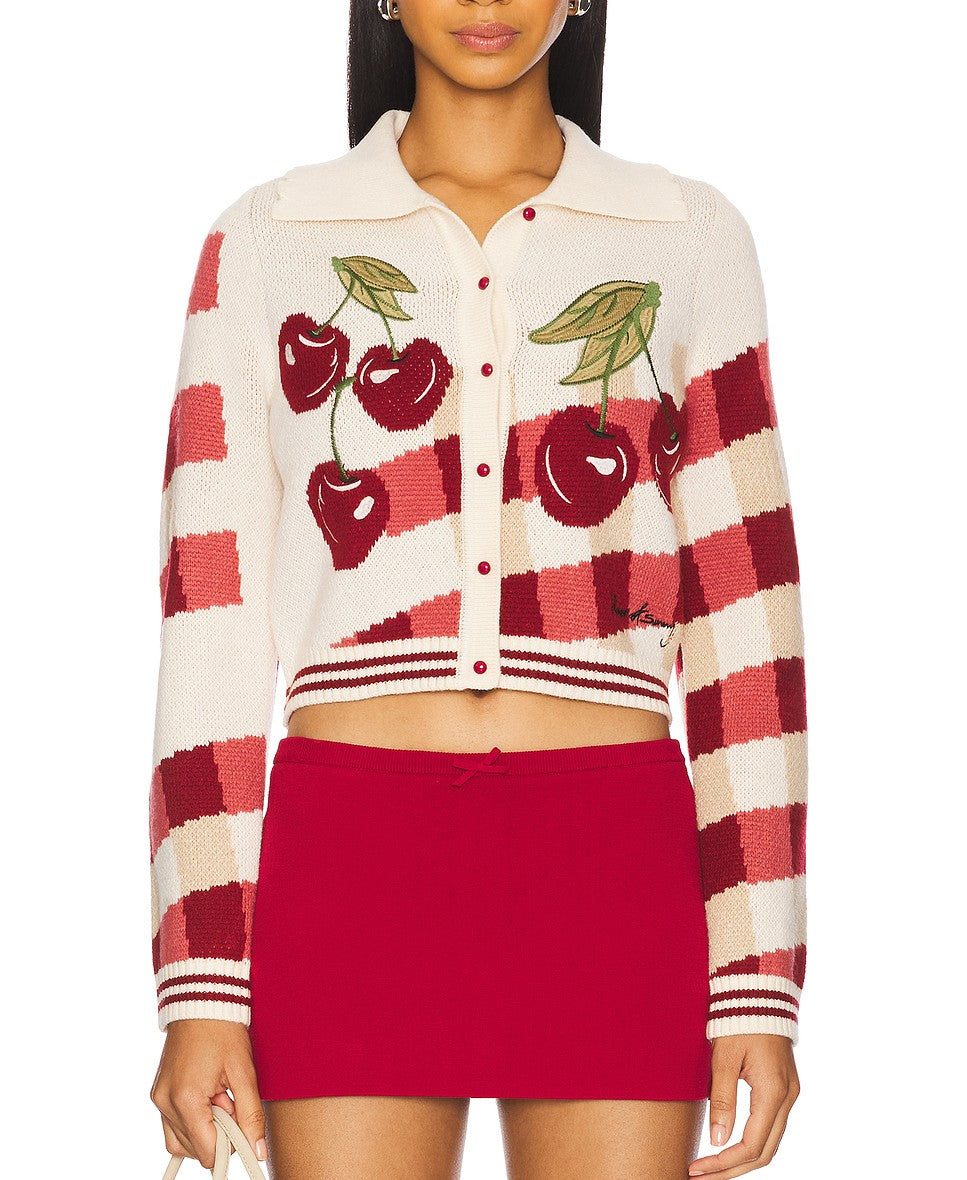 Women's Collared Long Sleeve Loose Top Cherry Jacquard Knitted Jac