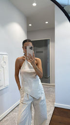 Single Shoulder Suspender Striped Irregular Asymmetric Top Trousers Two Piece Set