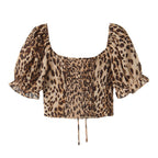 Women's Summer French Sexy Leopard Print Lace Up Bow Sexy Two Way Wear Puff Sleeve Shirt