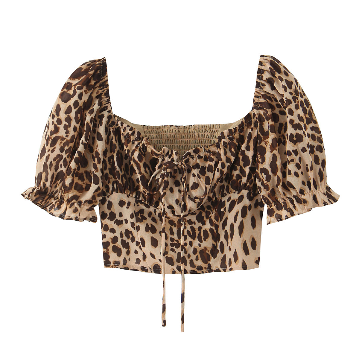 Women's Summer French Sexy Leopard Print Lace Up Bow Sexy Two Way Wear Puff Sleeve Shirt