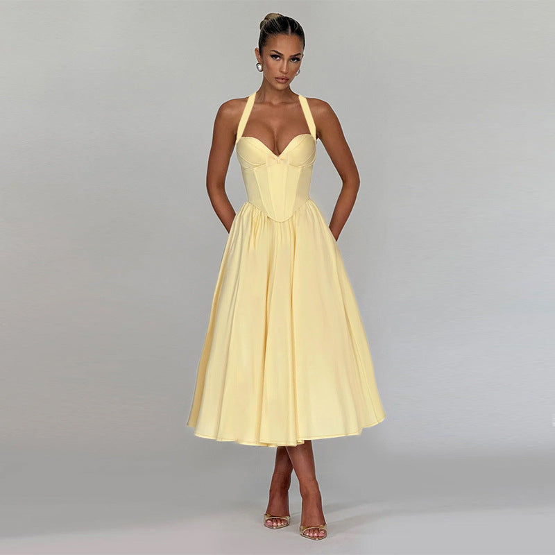 Women's Halter Bow Waist Slimming Chest A Line Dress Women Evening Maxi Dress