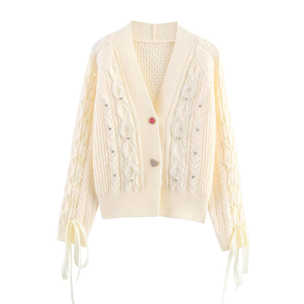 Women's Autumn Small Fresh Gentle Korean Wearing Rope Beaded Cardigan