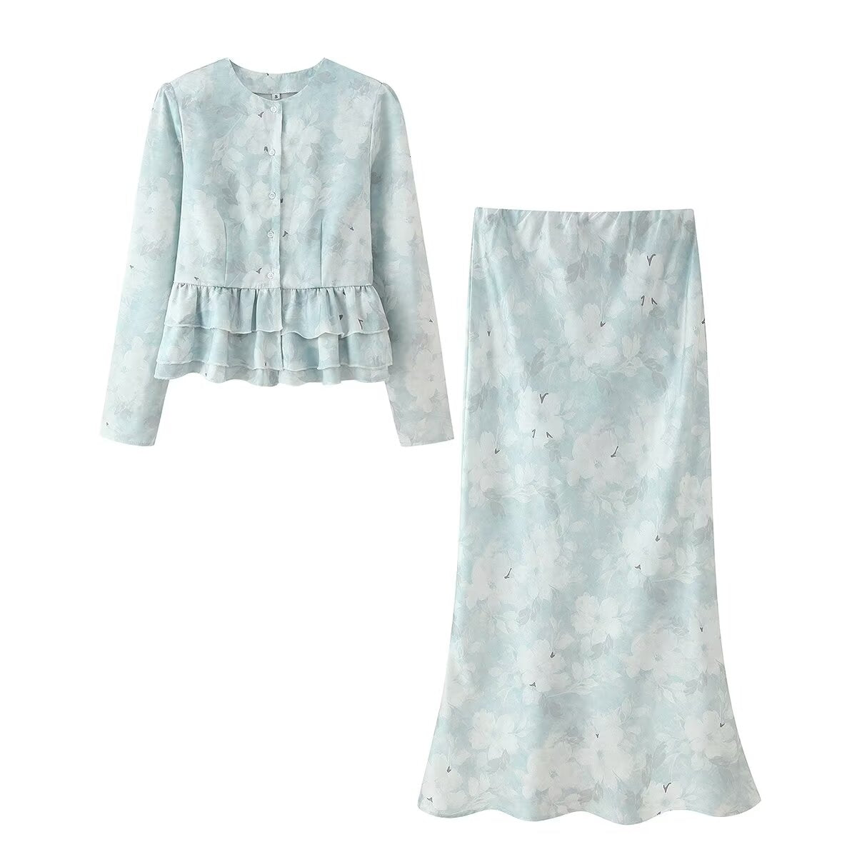 Women's Autumn Printed Design Ruffled Coordinated Two-Piece Set