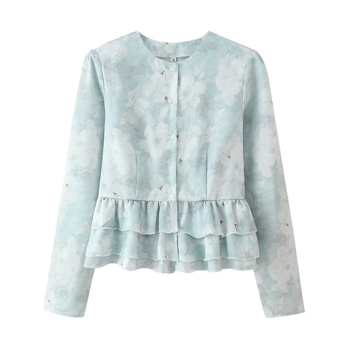 Women Autumn Printed Design Ruffled Slim Two Piece Set