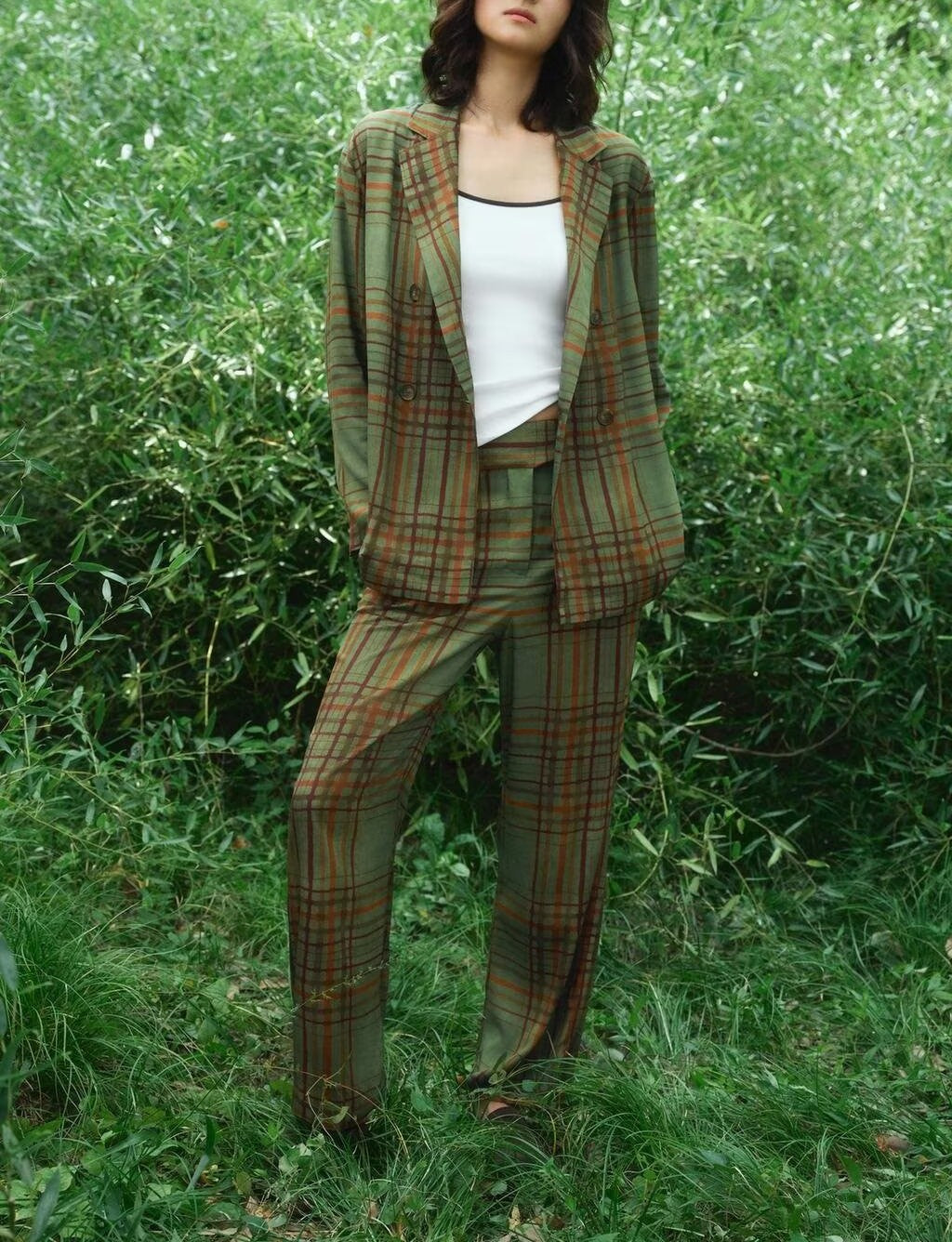 Women's Autumn Europe Beautiful Plaid Blazer Plaid Trousers Two Piece
