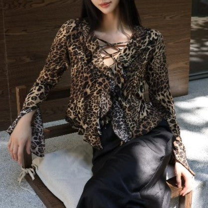 Women's Elegant Women Clothing Leopard Print V Neck Waist Tight Sexy Shirt Top