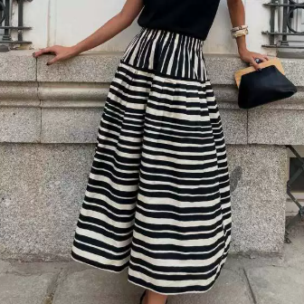 Autumn Striped Printed Pleated Swing Skirt Women