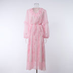 Smudged Print Seaside Vacation V-Neck Long With Flowing Dress