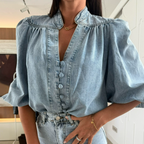 Women's Retro Lantern Sleeve V Neck Denim Shirt