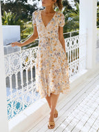 Women's Belted Floral V-Neck Midi Dress