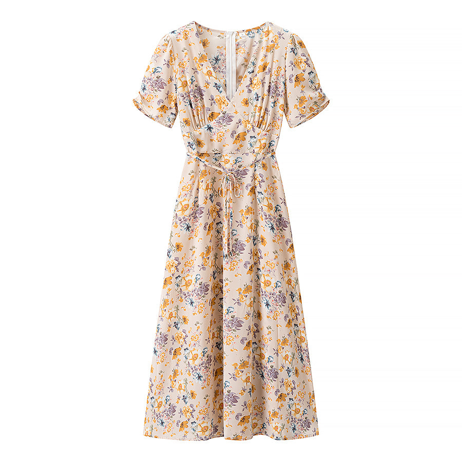 Women's Belted Floral V-Neck Midi Dress