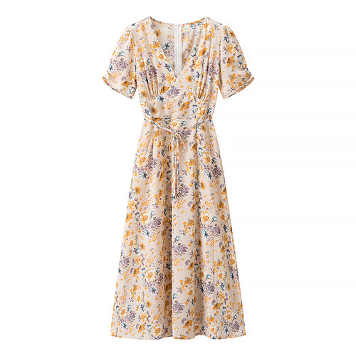 Women Clothing Floral Print Pullover V neck Short Sleeve Waist Controlled Lace up Mid Length Dress