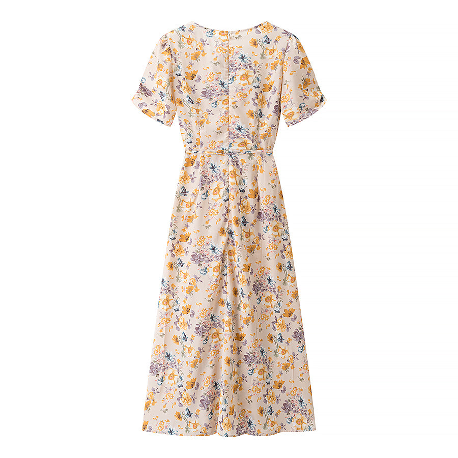 Women's Belted Floral V-Neck Midi Dress