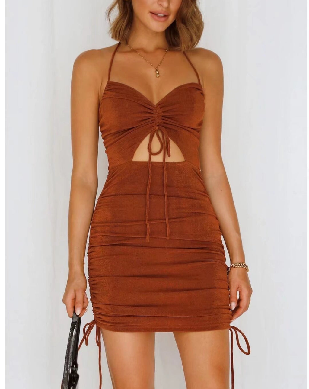 Women's Halter Cutout Ruched Backless Mini Dress