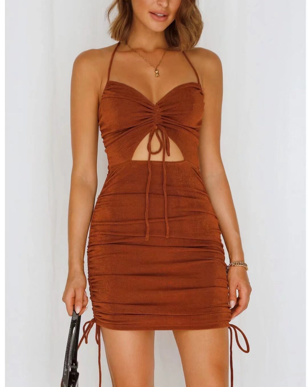 Women's Halter Cutout Ruched Backless Mini Dress