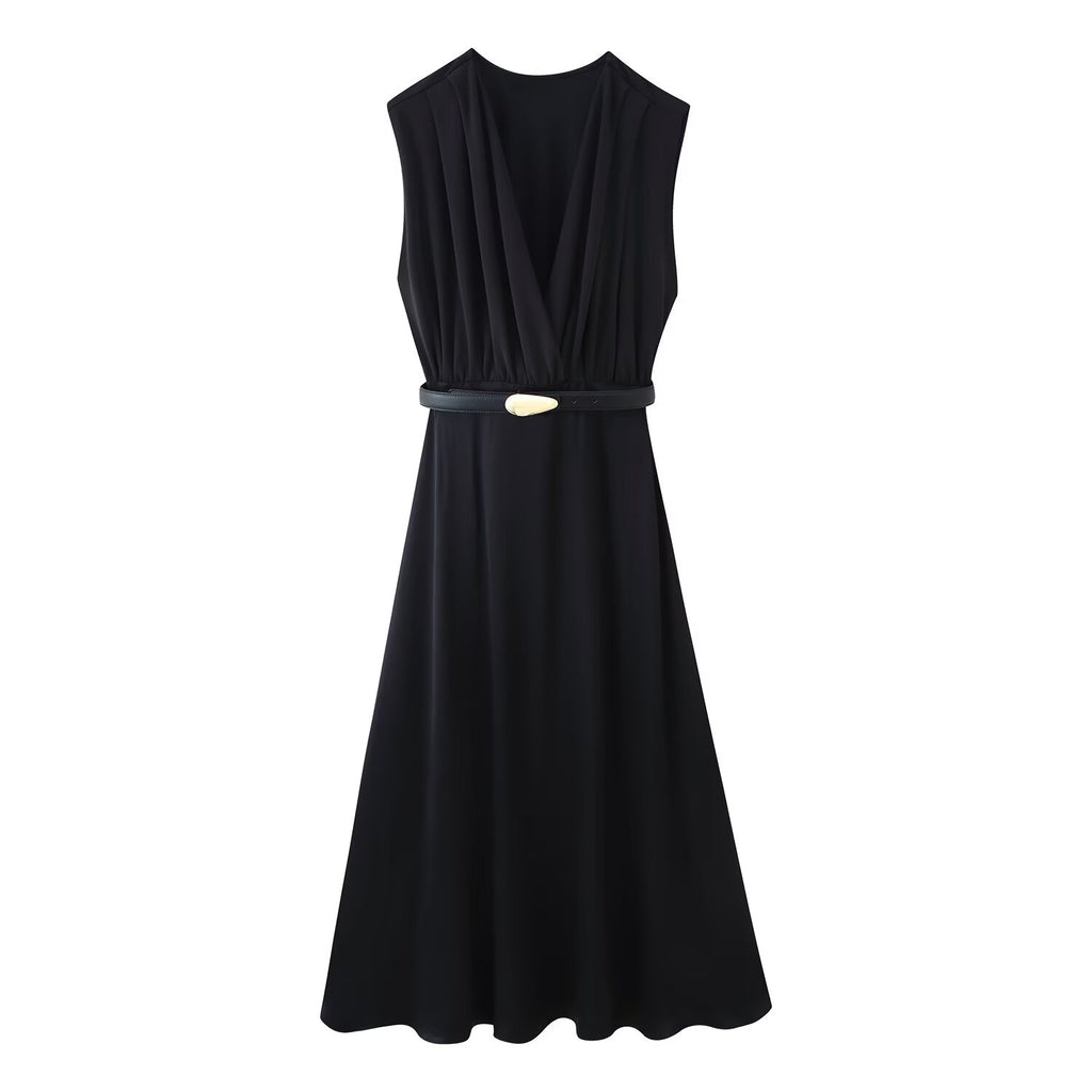 V-Neck Belted Ruched Sleeveless A-Line Maxi Dress
