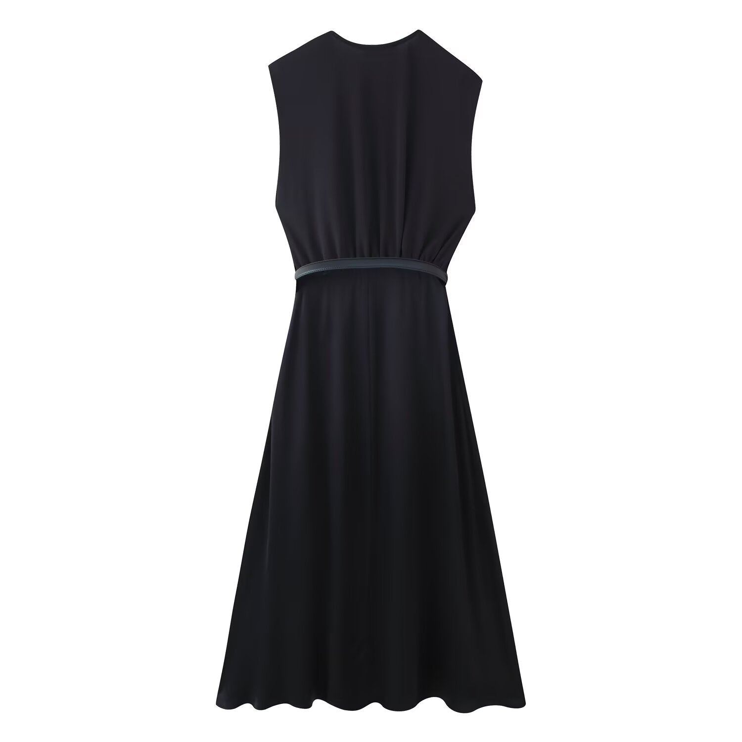 V-Neck Belted Ruched Sleeveless A-Line Maxi Dress