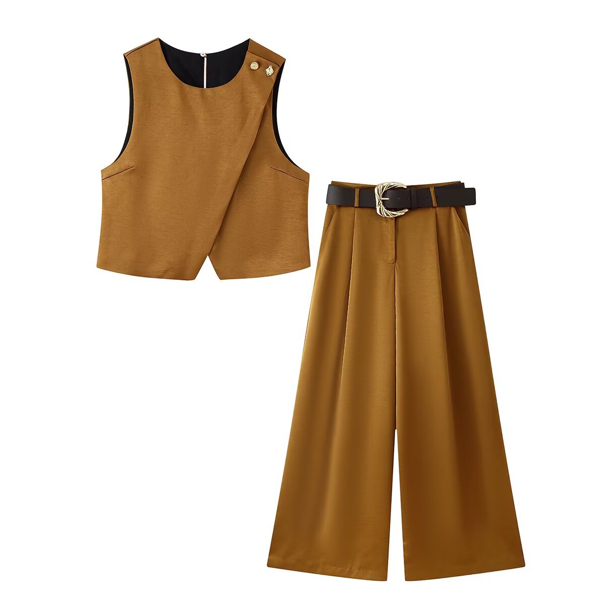 Summer Silk Satin Double Breasted Straight Leg Pants Vest Pant Set
