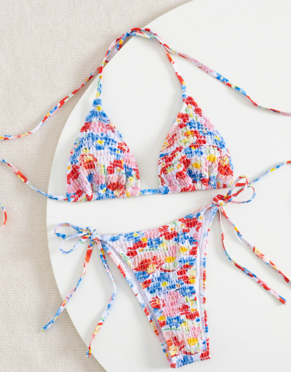 Printed Smocking Bikini Swimwear