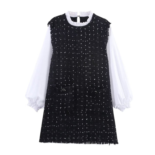 Women Clothing Autumn Classic Lace Collar Stitching Puff Sleeve Short Dress