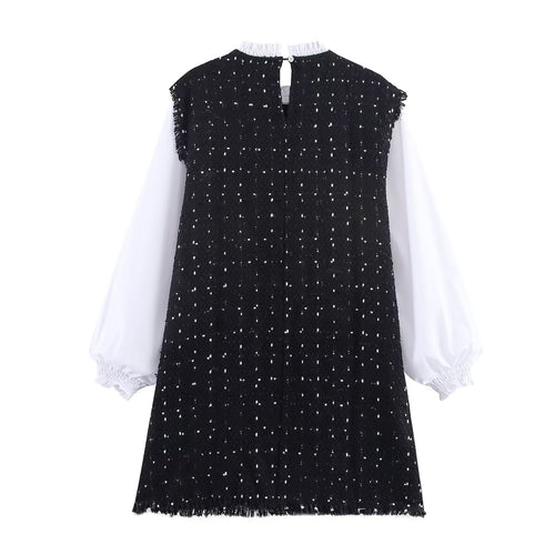 Women Clothing Autumn Classic Lace Collar Stitching Puff Sleeve Short Dress