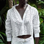 Women's Embroidered Cutout Collared Shirt