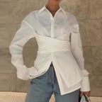 Women's Solid Color Tied Pleated Shirt Faux Two Pieces Shirts