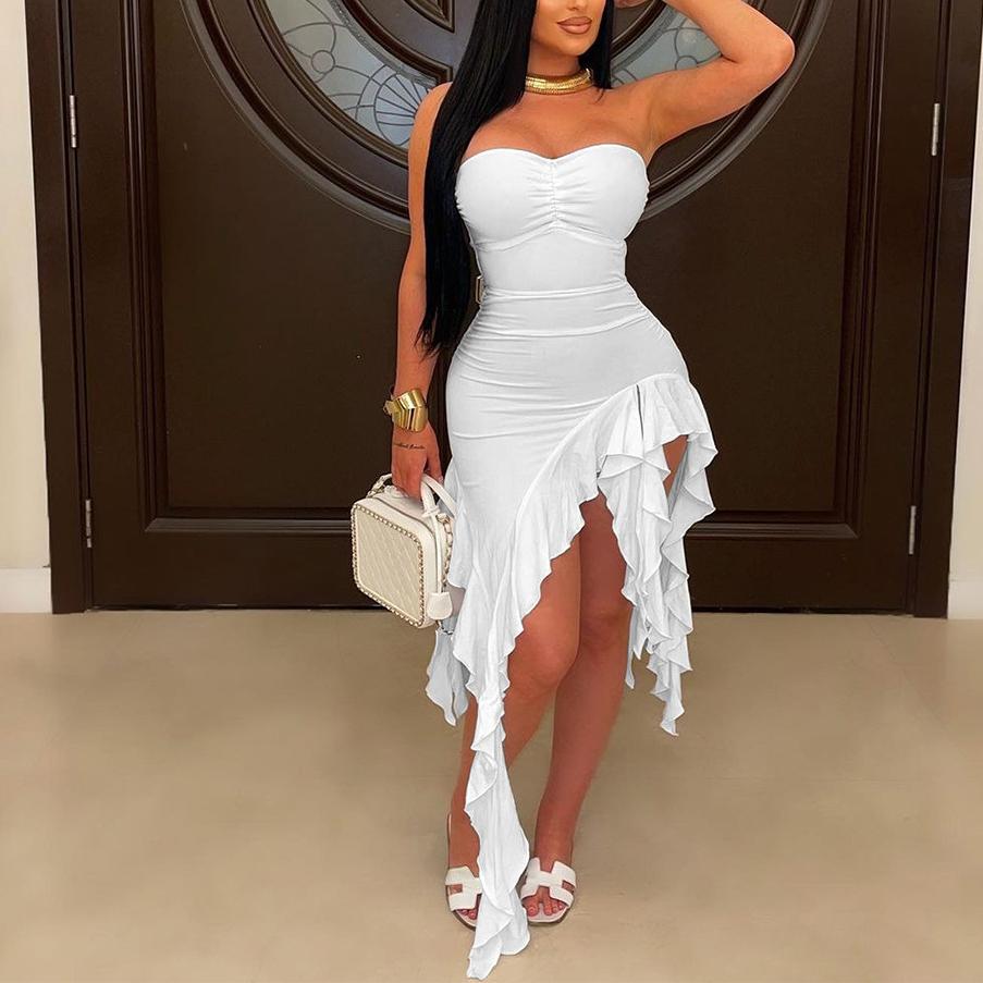 Strapless Irregular Asymmetric Dress Solid Color Ruffles Sheat