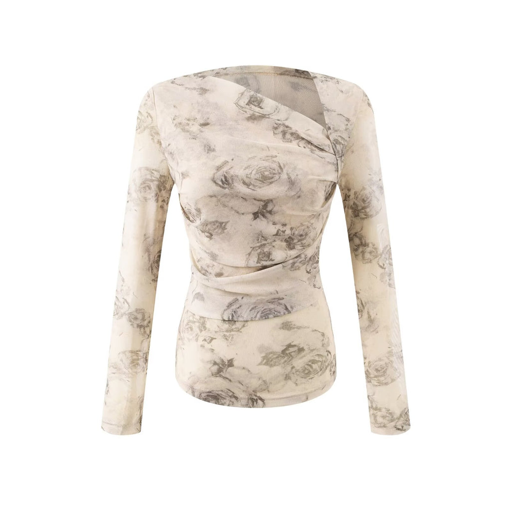 Women's Design Oblique Shoulder Long Sleeved T Shirt Women Tie Dyed Printed Stretch Slim Fit Sexy Pleated Bottoming Top