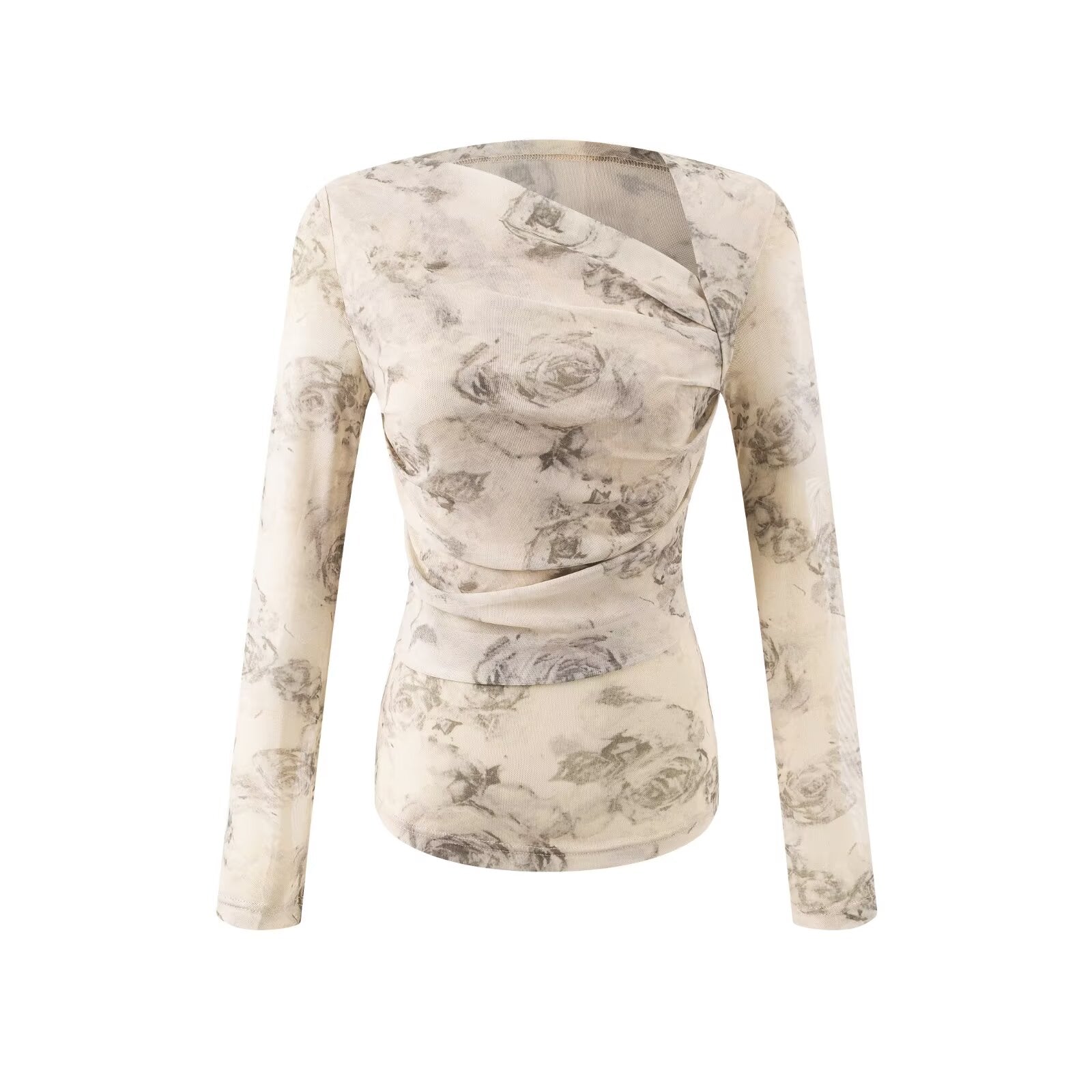 Women's Design Oblique Shoulder Long Sleeved T Shirt Women Tie Dyed Printed Stretch Slim Fit Sexy Pleated Bottoming Top
