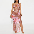 Women's One-Shoulder Mesh Floral Cutout Dress