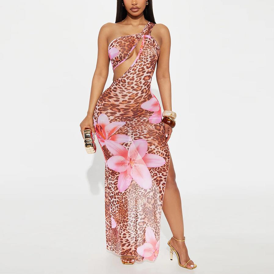 Women's One-Shoulder Mesh Floral Cutout Dress