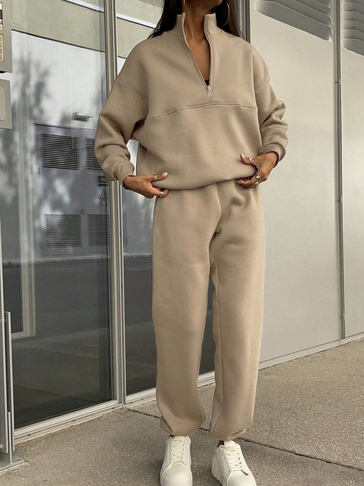 Autumn Winter Zipper Collared Solid Color Casual Two-Piece Set