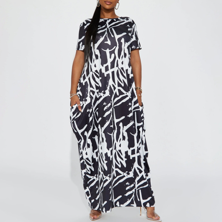 Women's Casual Outing Abstract Printing Black White Short Sleeved Dress