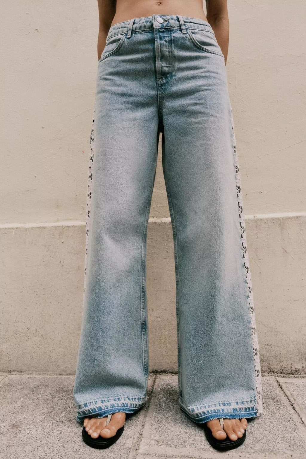 Crochet Stitching High Waist Wide Leg Jeans