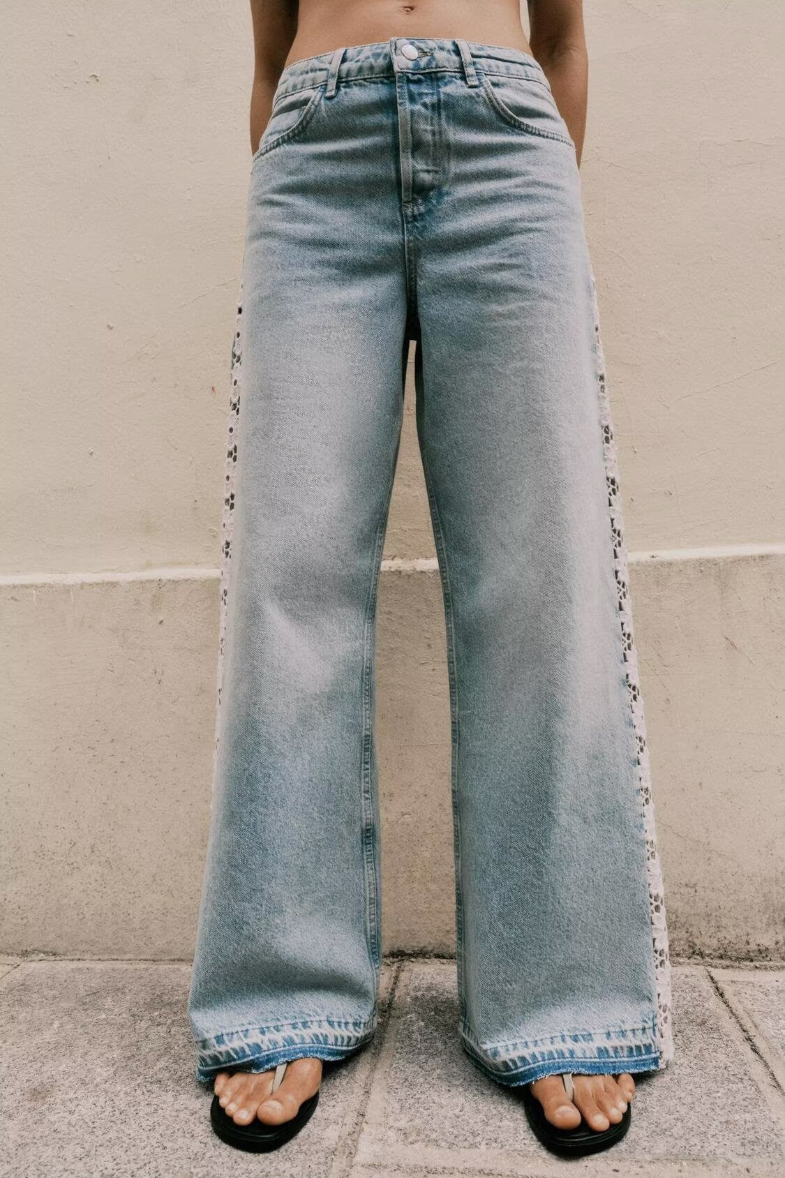 Crochet Stitching High Waist Wide Leg Jeans