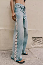 Crochet Stitching High Waist Wide Leg Jeans