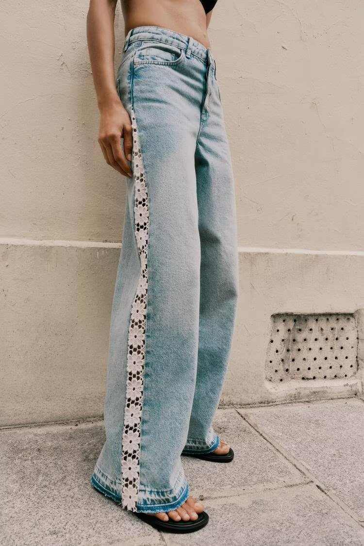 Crochet Stitching High Waist Wide Leg Jeans